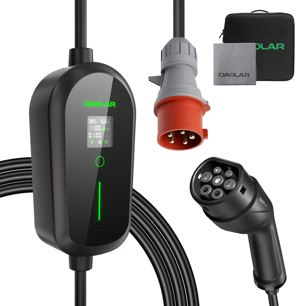 Daolar Mobile Wallbox 11KW, cabo de carregamento trifásico tipo 2 com ficha CEE, temporizador de 12 horas e estações de carregamento de VE de corrente ajustável de 6 a 16 A