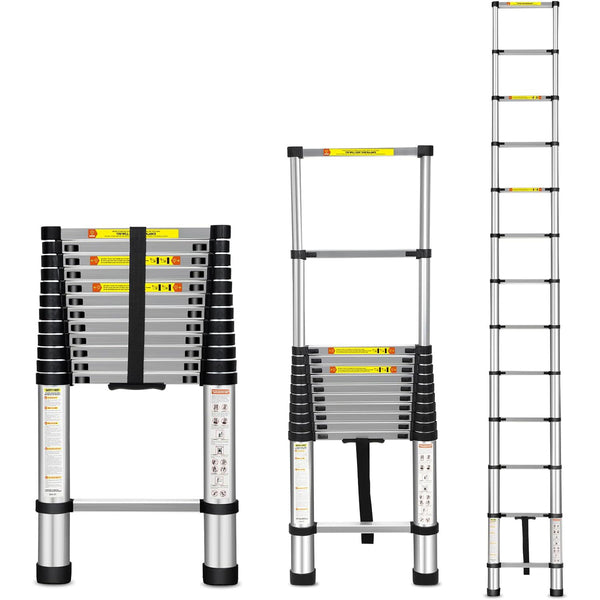 Escada telescópica extensível Daolar 2,6 m / 2,9 m / 3,2 m / 3,8 m, escadas telescópicas de alumínio com bolsa de transporte para uso interno e externo