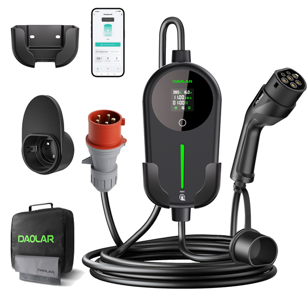 [Flagship] Daolar Mobile Wallbox 11 kW com contador de eletricidade, cabo de carregamento trifásico tipo 2 de 6-16 A com carga ajustável em kWh, estação de carregamento à prova de água IP65