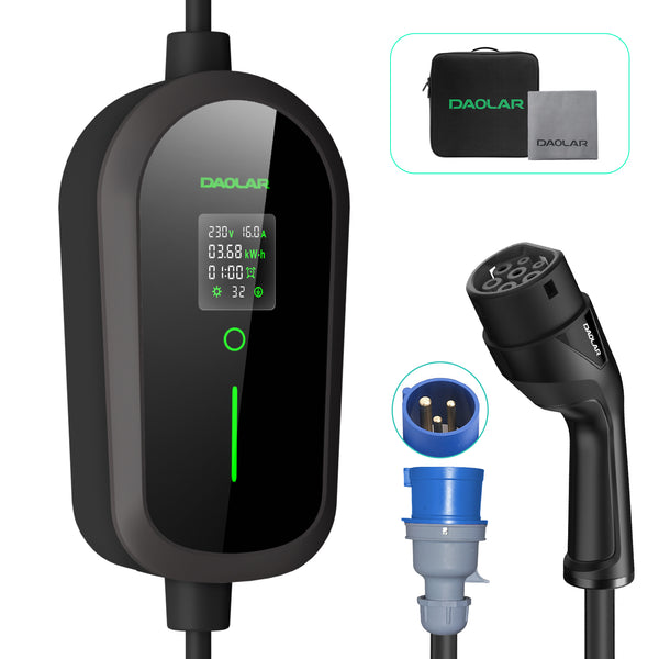 Cabo de carregamento para automóvel Daolar 7KW Mobile Mallbox 3 pinos CEE 32 A para tipo 2, carregador EV monofásico 32 A com carregamento programado para os modelos Y/3, ID.3/4/5, MG4, EX30, e-up, e-tron, Zoe, Q4, Gla etc.