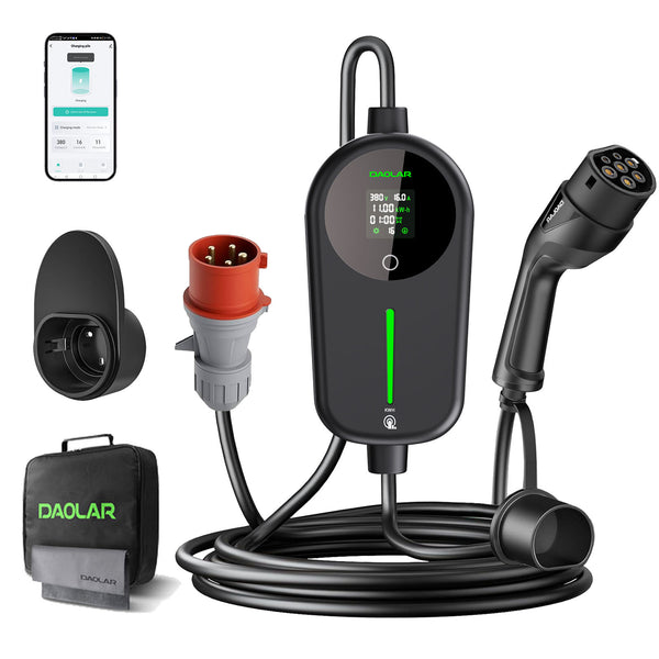 [Flagship] Daolar Mobile Wallbox 11 kW com contador de eletricidade, cabo de carregamento trifásico tipo 2 de 6-16 A com carga ajustável em kWh, estação de carregamento à prova de água IP65