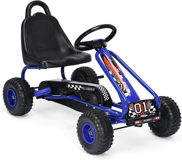 Daolar Go Kart para crianças, carrinho de passeio movido a pedal de 4 rodas com volantes e assento ajustável, freio de mão de segurança, pneus antiderrapantes, carro de corrida off-road ao ar livre com pedal para meninos e meninas