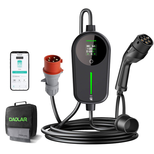 [Flagship] Daolar Mobile Wallbox 11 kW com contador de eletricidade, cabo de carregamento trifásico tipo 2 de 6-16 A com carga ajustável em kWh, estação de carregamento à prova de água IP65